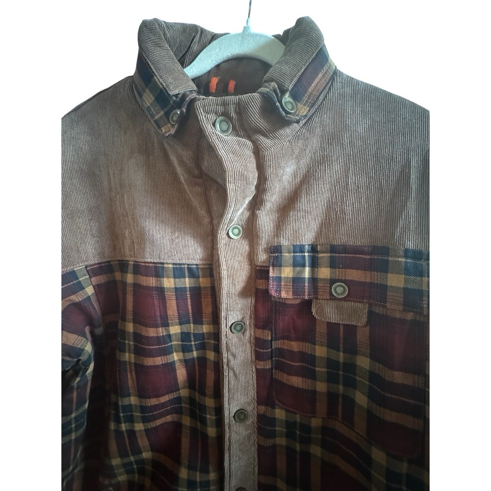 Men's XL Sherpa Lined Red Tartan Plaid Jacket Brown Corduroy Yoke & Placket - Picture 3 of 14